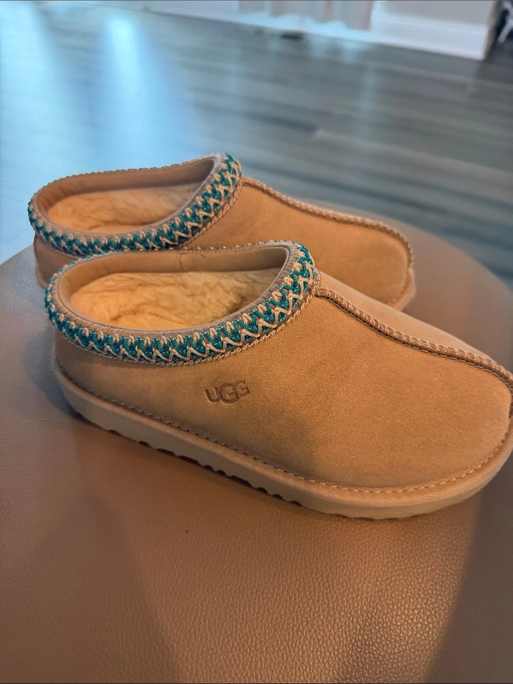 UGG Beige Shearling-Lined Ballet Slippers with Teal Trim